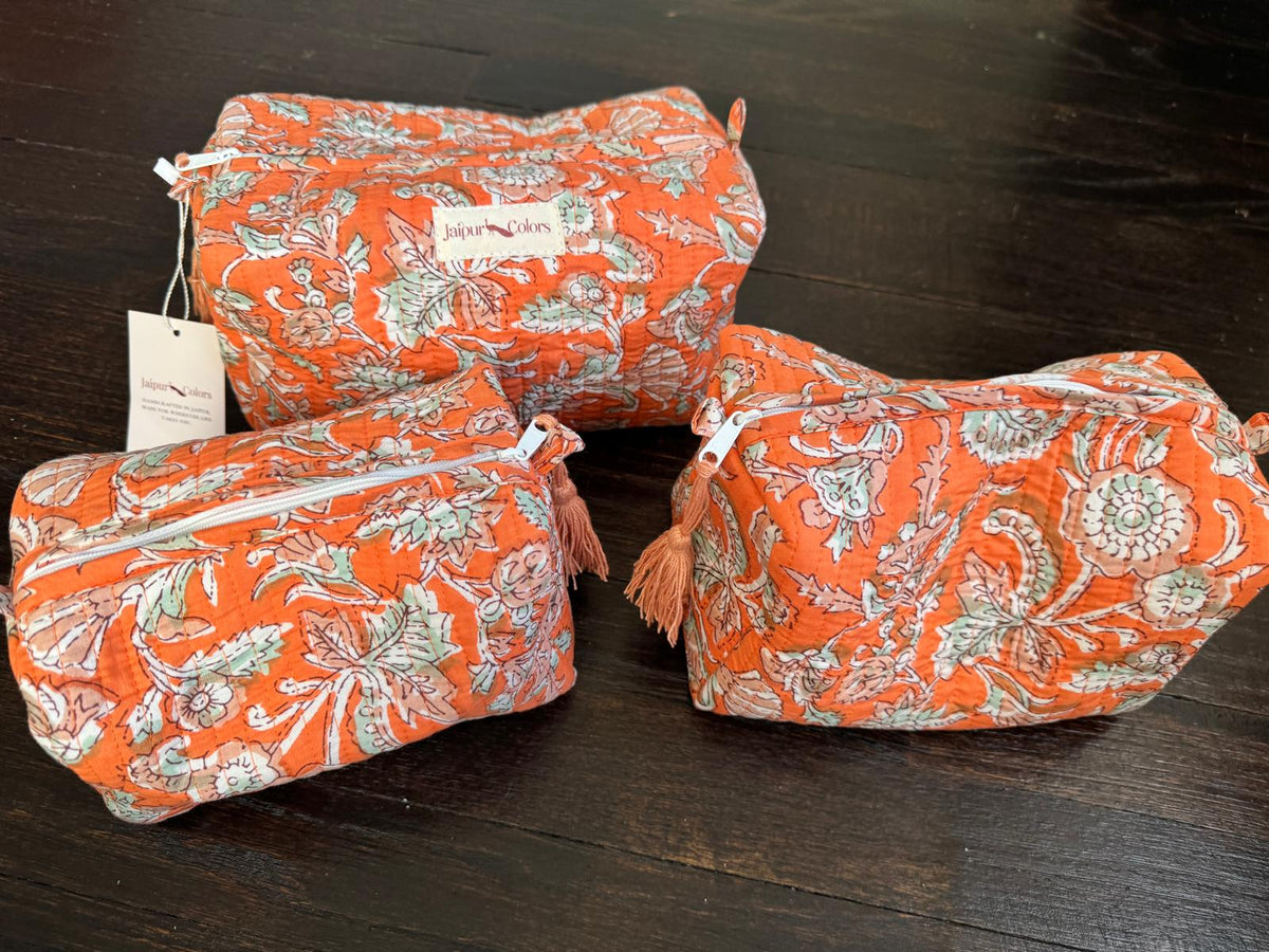 Quilted Travel Pouch Set – Orange Floral