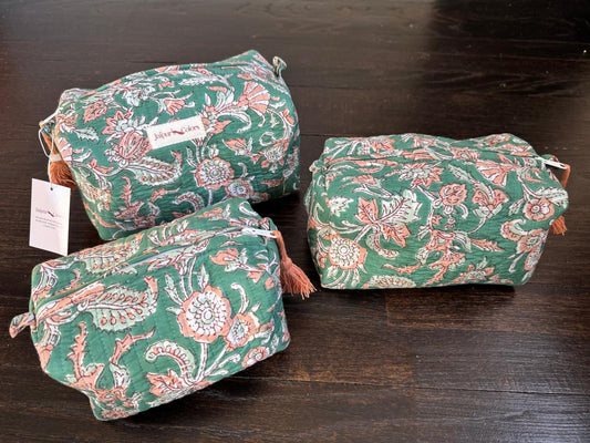 Quilted Travel Pouch Set – Emerald Green Floral