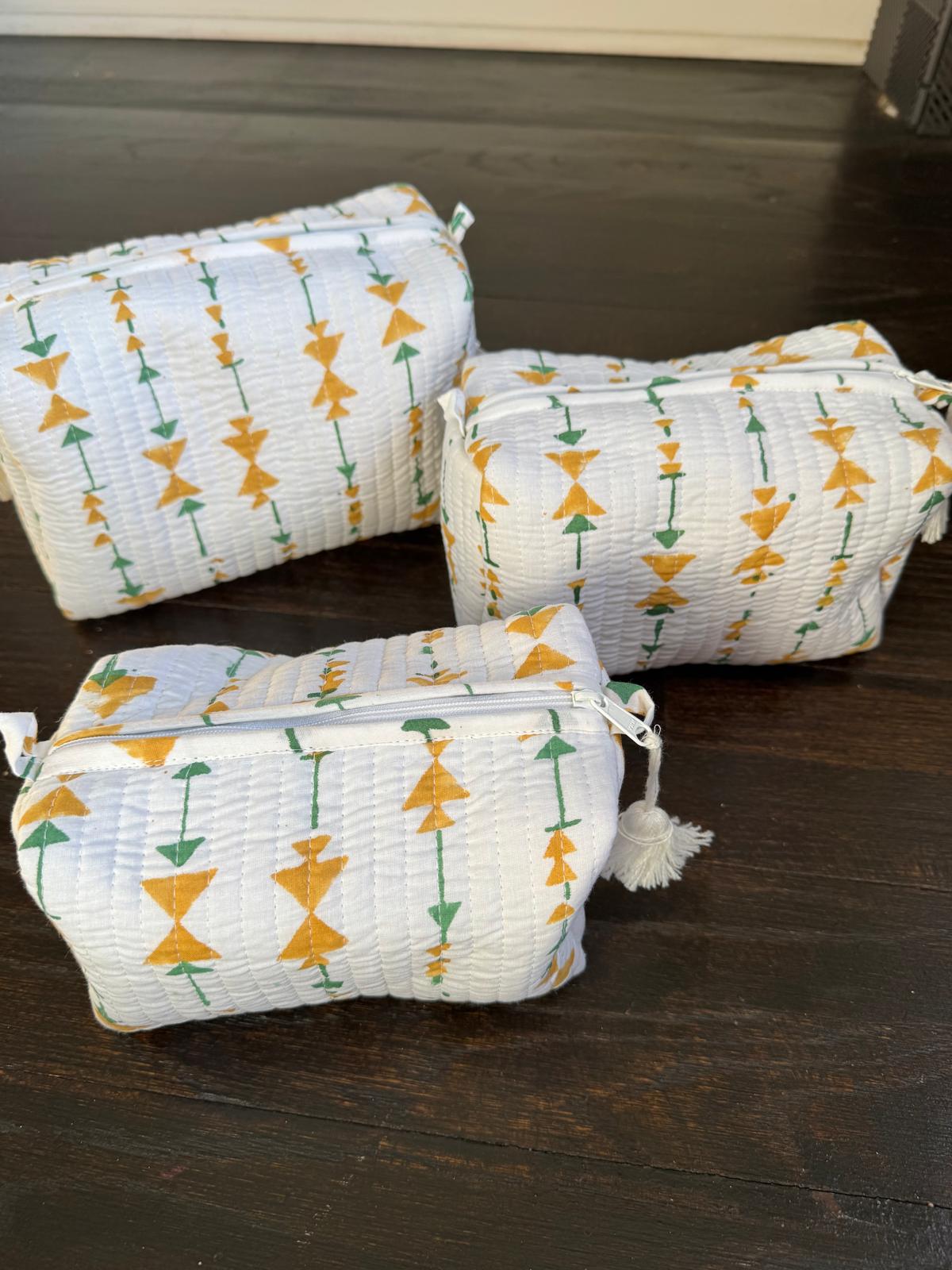 Quilted Travel Pouch Set – Mustard & Green Geometric