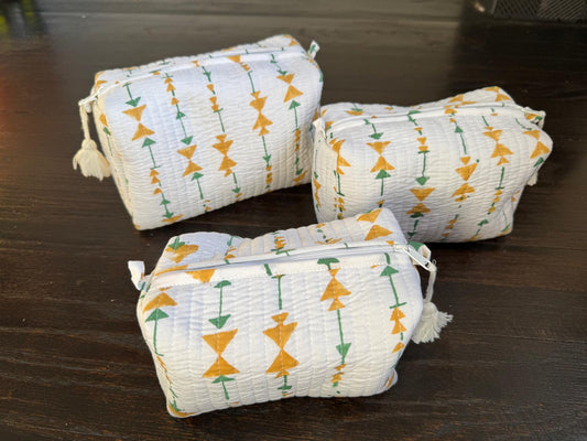 Quilted Travel Pouch Set – Mustard & Green Geometric