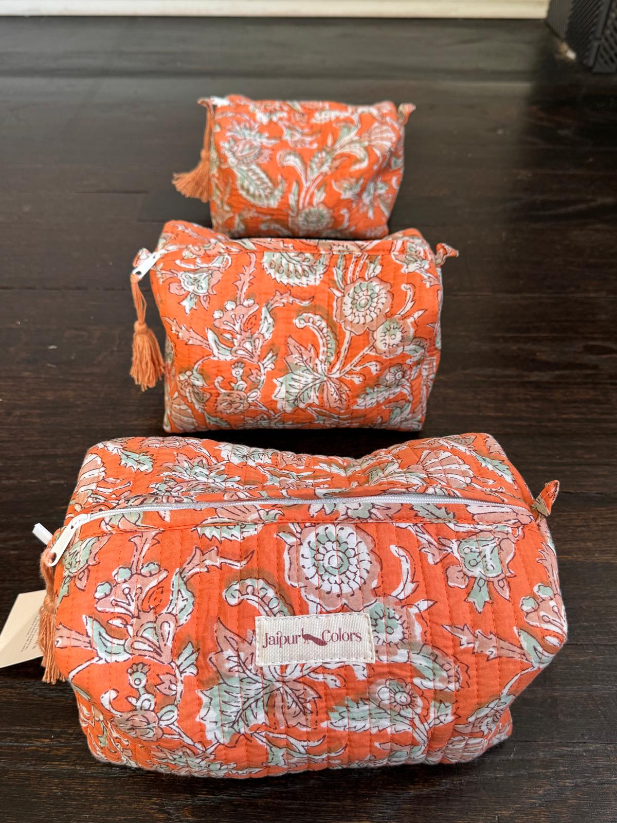 Quilted Travel Pouch Set – Orange Floral