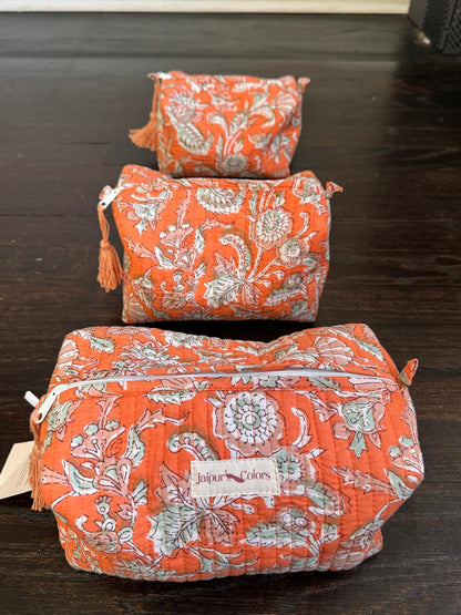 Quilted Travel Pouch Set – Orange Floral