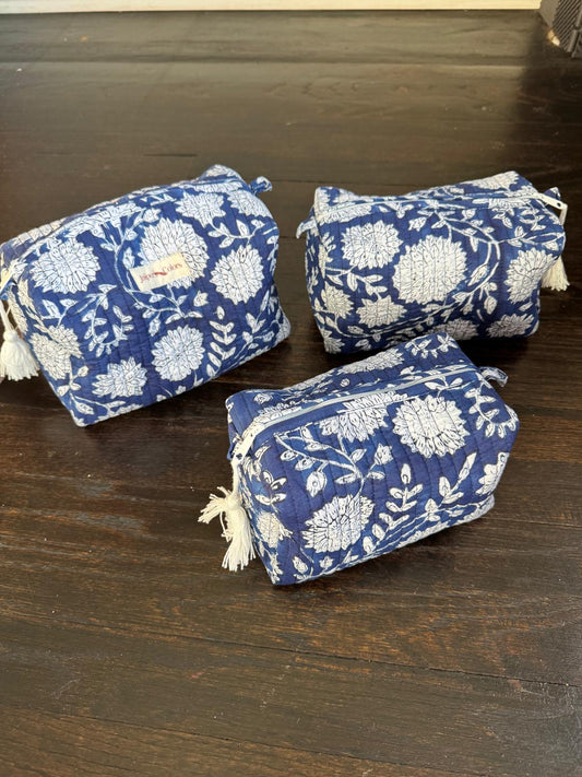 Quilted Travel Pouch Set – Indigo Blue Floral