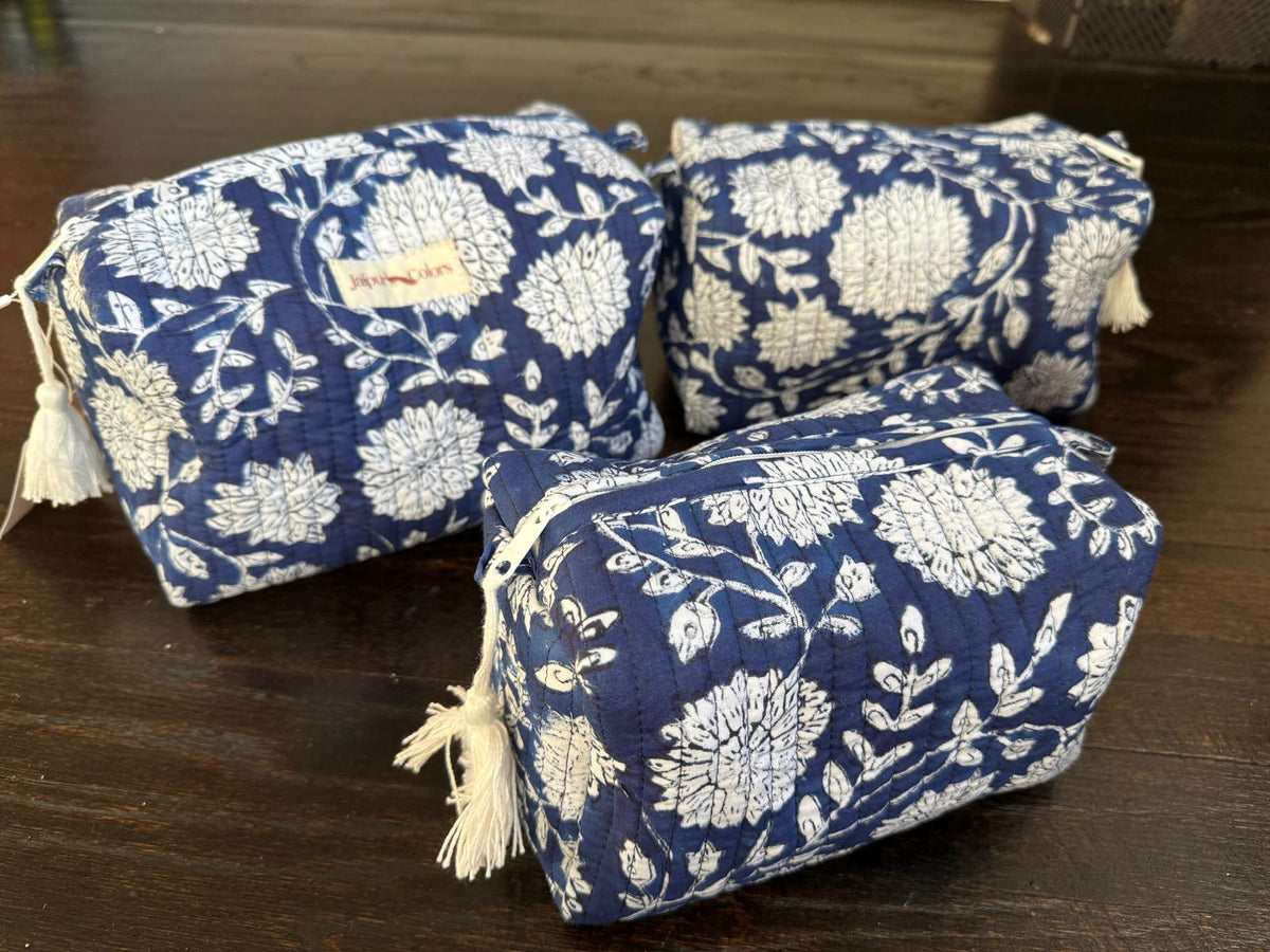 Quilted Travel Pouch Set – Indigo Blue Floral