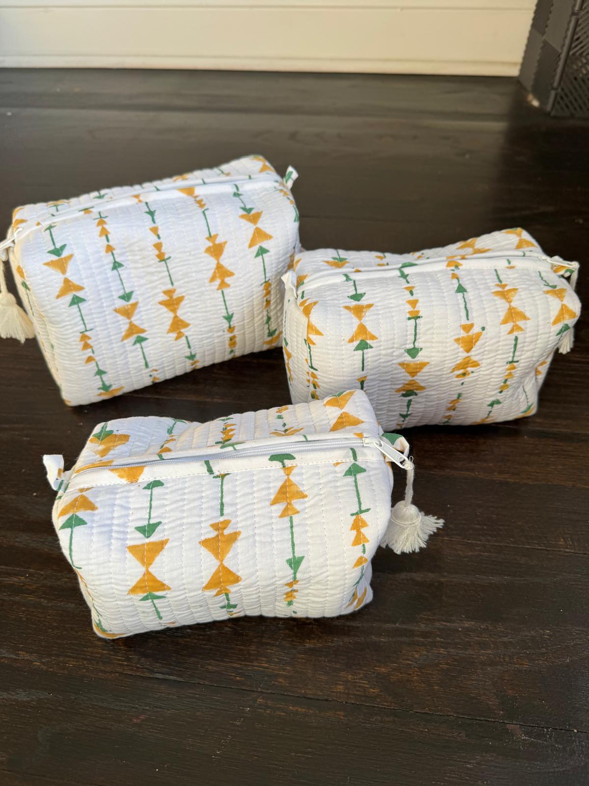 Quilted Travel Pouch Set – Mustard & Green Geometric