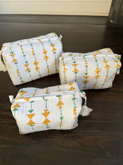 Quilted Travel Pouch Set – Mustard & Green Geometric