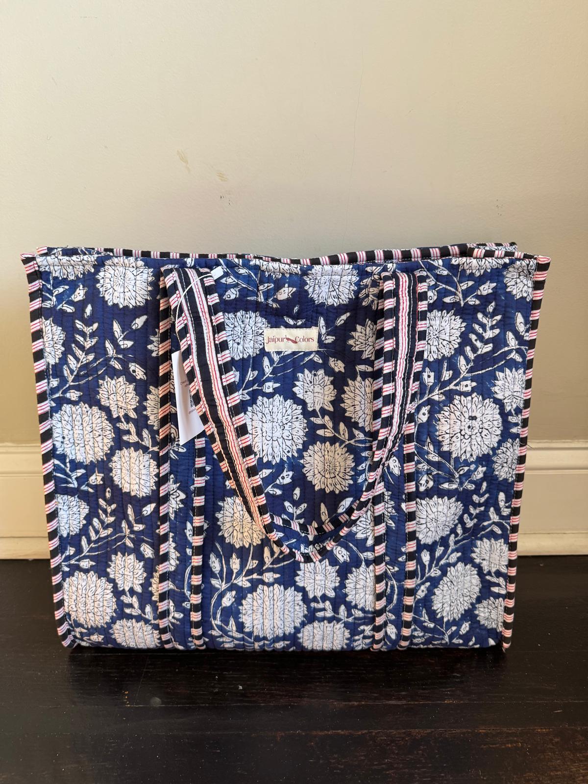 Quilted Tote Bag – Navy Blue Floral