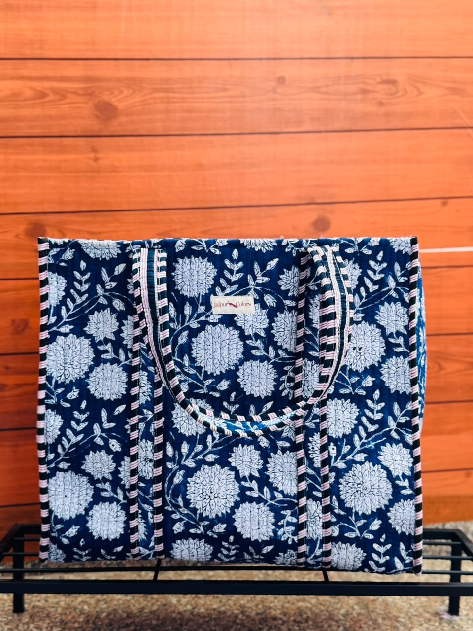 Quilted Tote Bag – Navy Blue Floral