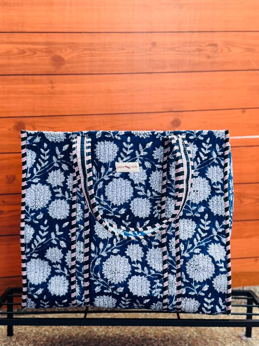 Quilted Tote Bag – Navy Blue Floral